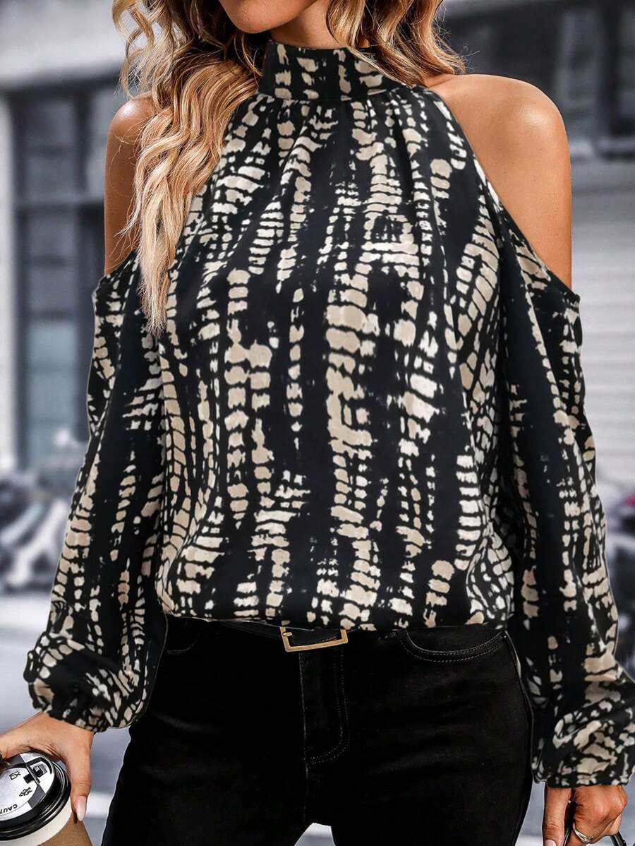 SHEIN Clasi Casual Tie-Dye Cold-Shoulder Halter Blouse, Spring & Summer - Multicolor - View 1