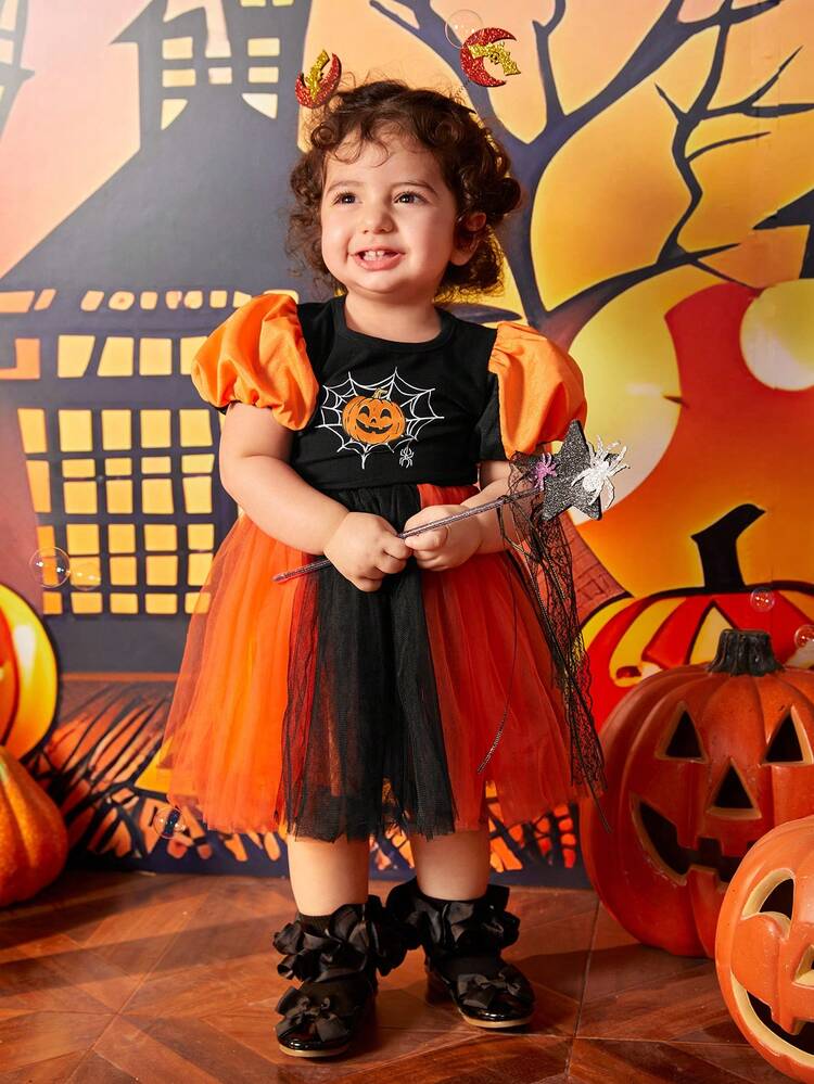 Vestido de niña bebé con estampado de calabaza de color contrastante y malla contrastante para fiesta de Halloween - Multicolor - Añade 6