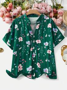SHEIN LUNE 大码女式花卉印花短袖衬衫，夏季 - 墨綠色 - 查看 1
