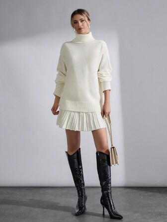 CLARA VERO 2 Stücke/Set Damen Rollkragen Langarm Bluse in Unifarbe und plissierter modischer Mini Rock