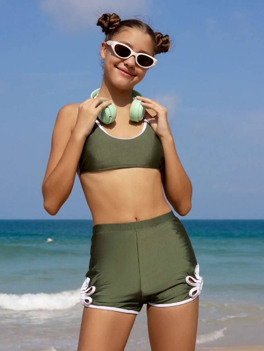 SHEIN Teen Girl Contrast Binding Halter Top And Hollow Out Shorts Beach Vacation Bikini Set Summer Beach - Multicolor - View 1