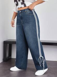 SHEIN EZwear Plus Size Solid Simple Everyday Cat Whisker Decoration Boyfriend Jeans - Blue - View 6