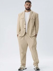 Manfinity VCAY 2pcs/Set Men's Plus Size Casual Woven Loose Raglan Sleeve Blazer Jacket And Drawstring Waist Straight Leg Pants Suit For Autumn/Winter - Apricot - View 6