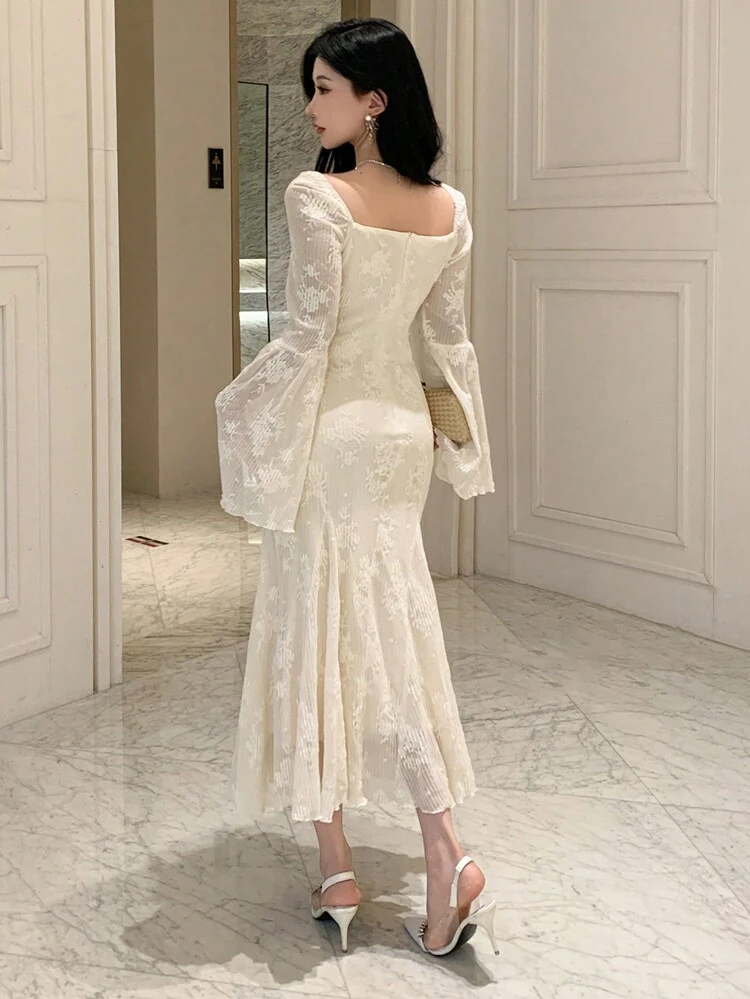 Elegant Waist Cinching Solid Color Crew Neck Long Sleeve Dress For Women,Ruffle,Fall Dress Prom Dress Maxi Dress