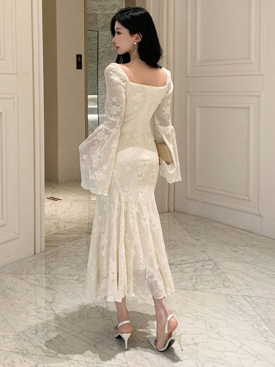 Elegant Waist Cinching Solid Color Crew Neck Long Sleeve Dress For Women,Ruffle,Fall Dress Prom Dress Maxi Dress
