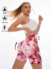 SHEIN Sport Studio Pantaloncini sportivi a vita alta con effetto tie-dye, in tessuto elasticizzato, aderenti e con design traforato