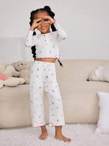 SHEIN Set di abbigliamento casual con pantaloni e camicia a maniche lunghe, con fantasia floreale e blocchi di colore, per ragazze giovani