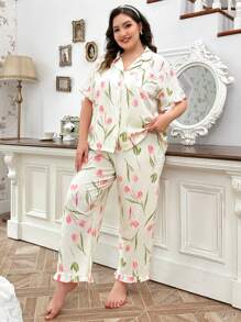 CottageSlumber 郁金香印花雪纺睡衣套装，荷叶边下摆，加大码