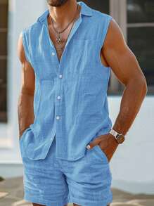 Manfinity Dauomo 2 piezas Traje de lino para hombre, conjunto de camisa sin mangas con cordón y pantalones cortos de estilo hippie para la playa - Azul - Ver 1