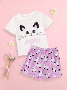 SHEIN Young Girl Cute Cat Pattern Loose Casual Breathable Sleepwear Set, 2pcs Shorts & Short-Sleeved Top For Summer - Lilac Purple - View 1