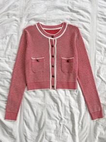 Soleia WYWH 女士秋季假日毕业季返校季服装秋装度假娃娃衫圣诞亮片返校节婚礼音乐会比赛日浪漫甜美可爱休闲安哥拉红条纹开衫 - 酒紅色 - 查看 3