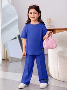 SHEIN 2 件套年轻女孩宽松休闲圆领针织短袖 T 恤和阔腿裤套装