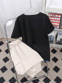 2pcs Teen Boy Street Style Digital Fire Letter Print T-Shirt And 3D Pocket Design Long Pants Set, For Halloween Party - Beige - View 2