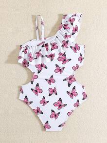 Tween Girl Butterfly Print Hollow Out Ruffle Trim One-Piece Swimsuit - Multicolor - View 2