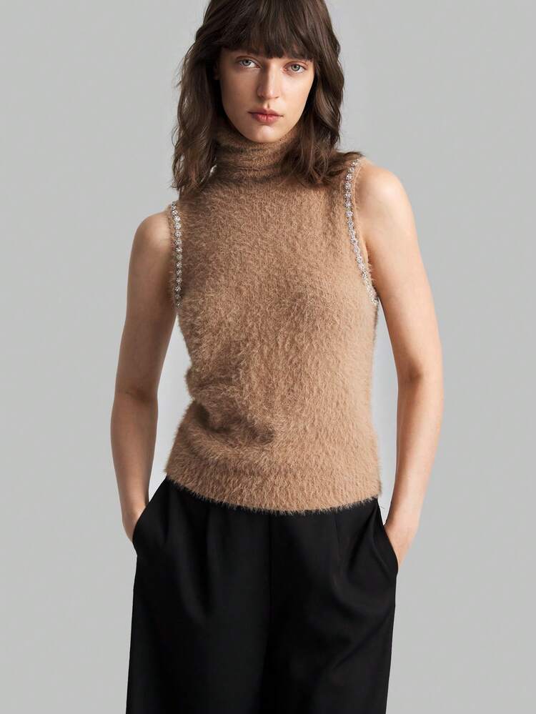 Women's Grey High Collar Sleeveless Sweater,Autumn Elegant Tea Party Sequin Design Sense Loose Comfortable Fashionable Outwear Solid Color Clothes