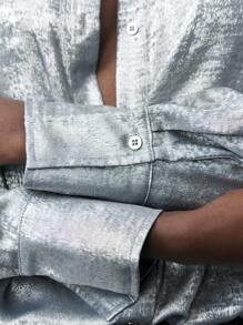 Maija Women's Silver Coated Fabric Shiny Chic Party Blouse, Loose Dolman Sleeve Solid Color Elegant Shirt, Versatile For Spring, Summer, All Seasons