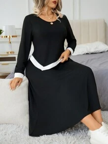 SHEIN LUNE 2pcs Plus Size Women Spring/Fall Casual Color Block Asymmetric Hem Top And Skirt Set - Black - View 3