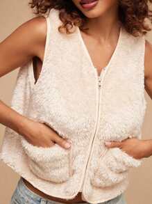 Forever 21 Damen Beige Ausgeh-/Gemütlicher/Einfacher/Reißverschluss/Süßer Kurzer/Teddy Mantel Top für Herbst & Winter - Beige - Übersicht 2