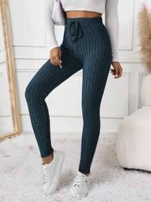 SHEIN Frenchy Của phụ nữ Màu thuần Đúng mốt Linh hoạt Sọc Xà cạp - Màu xanh hải quân - Xem 4