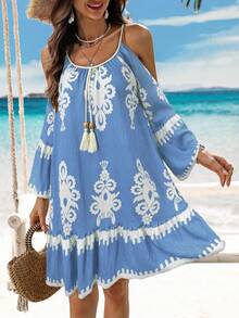 Breezaya Women Allover Print Ruffle Trim Spaghetti Strap Casual Holiday Dress - Blue - View 3