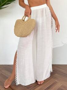 Swim Vcay Summer Beach Solid Color High Split Cover-Up Pants Wedding - White - View 4