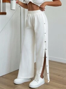 SHEIN Tall Cotton Wide Leg Side Detailed Sweatpant - Beige - View 4