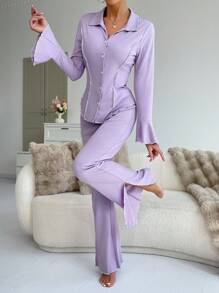 弧形下摆腰身设计翻领喇叭袖上衣和长裤女士家居服休闲套装舒适保暖，秋冬服装 - 紫色 - 查看 3