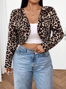 SHEIN EZwear 大码不对称下摆豹纹长袖开衫 - 彩色 - 查看 1