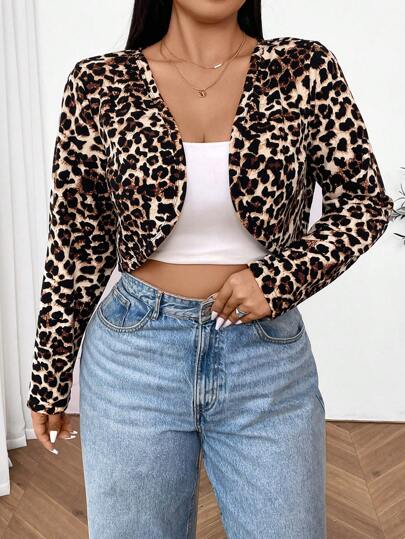 SHEIN EZwear Plus size asymmetrisk fåll leopardmönstrad långärmad cardigan