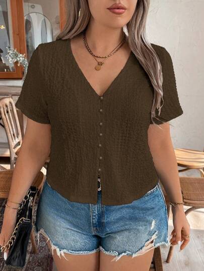 Calvaya 大码夏季休闲纯色纹理短袖衬衫