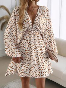 SHEIN LUNE Deep V Neck Lantern Sleeve Allover Print Cinched Waist Dress - White - View 3