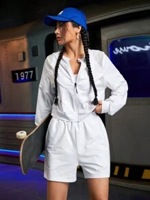 Streetz SHEIN Sport 女士短款纯色连帽运动衫和短裤两件套 - 白色 - 查看 8
