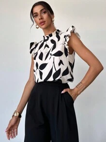 Firerie Blusa elegante de mujer con estampado floral y mangas de tapón para uso diario y vacacional, Top sin mangas para el verano