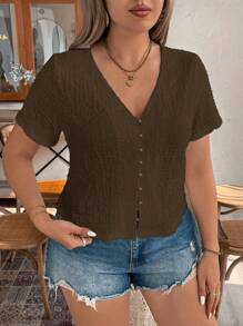 Calvaya Plus Size Summer Casual Solid Texture Short Sleeve Shirt - Brown - View 4
