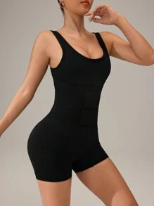 Easithlete 女士无缝腰部收紧吊带背心和短裤运动套装 - 黑色 - 查看 7