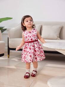 Baby Girl Winter Elegant Lady Red Imitation Rabbit Fur Warm Coat Full Of Flowers Bow Belt High-End Dress Skirt