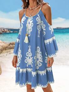 Breezaya Women Allover Print Ruffle Trim Spaghetti Strap Casual Holiday Dress - Blue - View 4