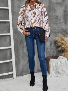 EMERY ROSE Women's Floral Print Tie Collar Long Sleeve Elegant Blouse, Spring/Autumn - Apricot - View 3