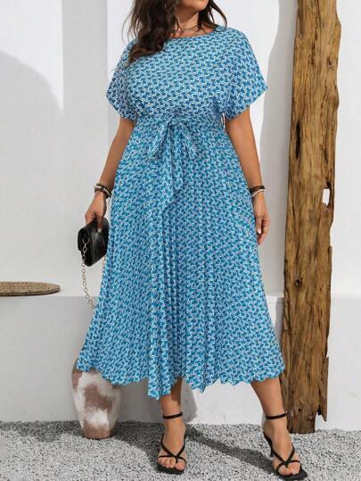 Vionelle Plus Size Women Boho Geometric Print Round Neck Batwing Sleeve Pleated Hem Dress, Summer Women Outfit