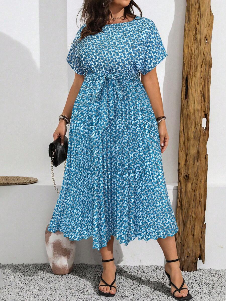 Vionelle 大码女式波西米亚风几何印花圆领蝙蝠袖褶皱下摆连衣裙，夏季女装 - 藍色 - 查看 1