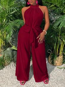 Slaydiva Vacation High-Neck Split Harem Jumpsuit With Pockets - E Burgundy Jumpsuitred Jumpsuit Womenholiday Jumpsuitred Jumpsuit