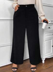 SHEIN Frenchy Plus Size Women Fall Airport, Business Casual Woman, Solid Color Casual Pants With Pockets And Buttons - Black - View 2