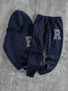 Manfinity Homme 2pcs Men's Letter & Striped Print Hoodie Sweatshirt And Drawstring Sweatpants Casual Set - Navy Blue - View 3