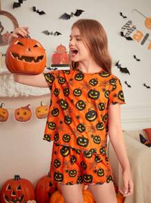 SHEIN Burnt Orange Halloween Pumpkin Print Short Sleeve Shorts Pajama Set,Cute Summer Family Matching Mommy And Me Outfits - Orange - View 3