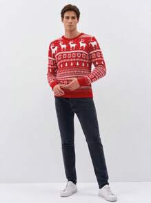 SHEIN Cottnline Men Christmas Elk & Geo Pattern Sweater - Red - View 5