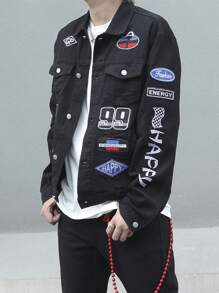Manfinity Roghcode Men's Label Single Breasted Stylish Denim Jacket - Black - View 6