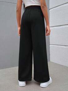 SHEIN Tween Girl Street Style Knit Solid Color Loose Casual Wide Leg Sweatpants - Black - View 3