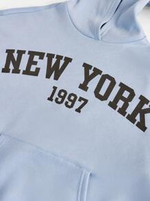 SHEIN Girlism 2 件套青少年女孩纯色字母图案连帽衫套头衫和喇叭裤休闲羊毛加厚服装 - 淺藍色 - 查看 9