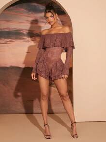 SHEIN Unity Mono de encaje marrón elegante sin hombros con mangas largas y sobrecapa de volantes - Marrón - Ver 6