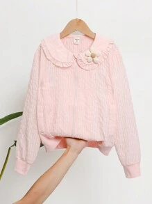 SHEIN Tween Girls Casual Textured Fabric Peter Pan Collar 3D Flower Decor Jacket, Spring/Autumn - Pink - View 1